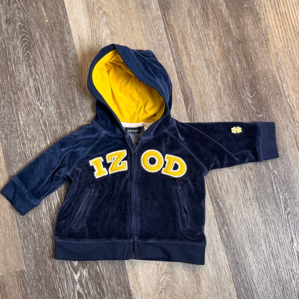Izod Baby Boy Navy Velour Zip Hoodie Jacket Yellow Accent 3-6M